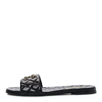 Chanel Shiny Goatskin Quilted CC Mules Sandals 40 Black 1 of 11
