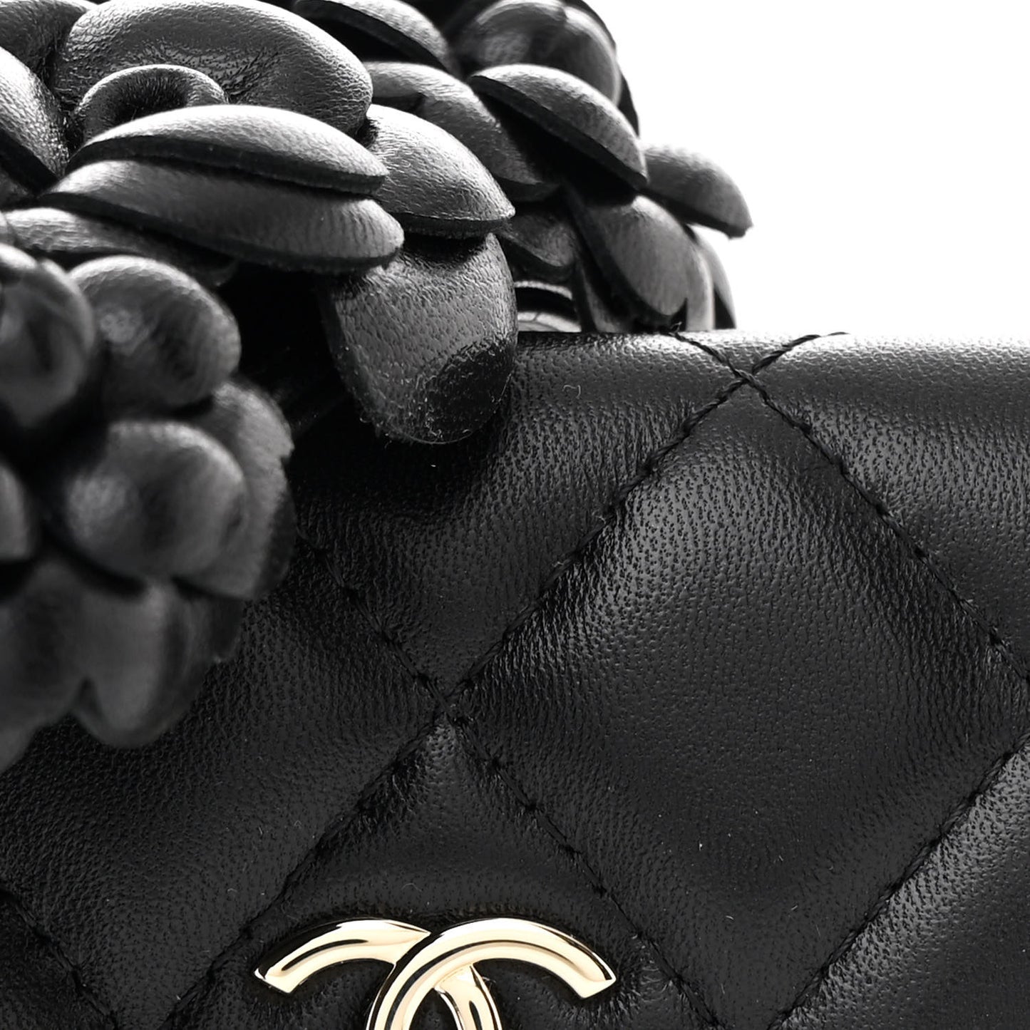 Lambskin Quilted Camellia Card Holder On Chain Black