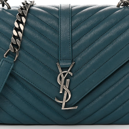 Saint Laurent Sheepskin Matelasse Chevron Monogram Medium College Bag Petrol Green 8 of 14