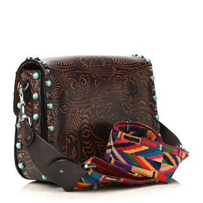 Valentino Garavani Calfskin Embossed Medium Guitar Strap Rockstud Rolling Flap Saddle Bag Brown 3 of 17