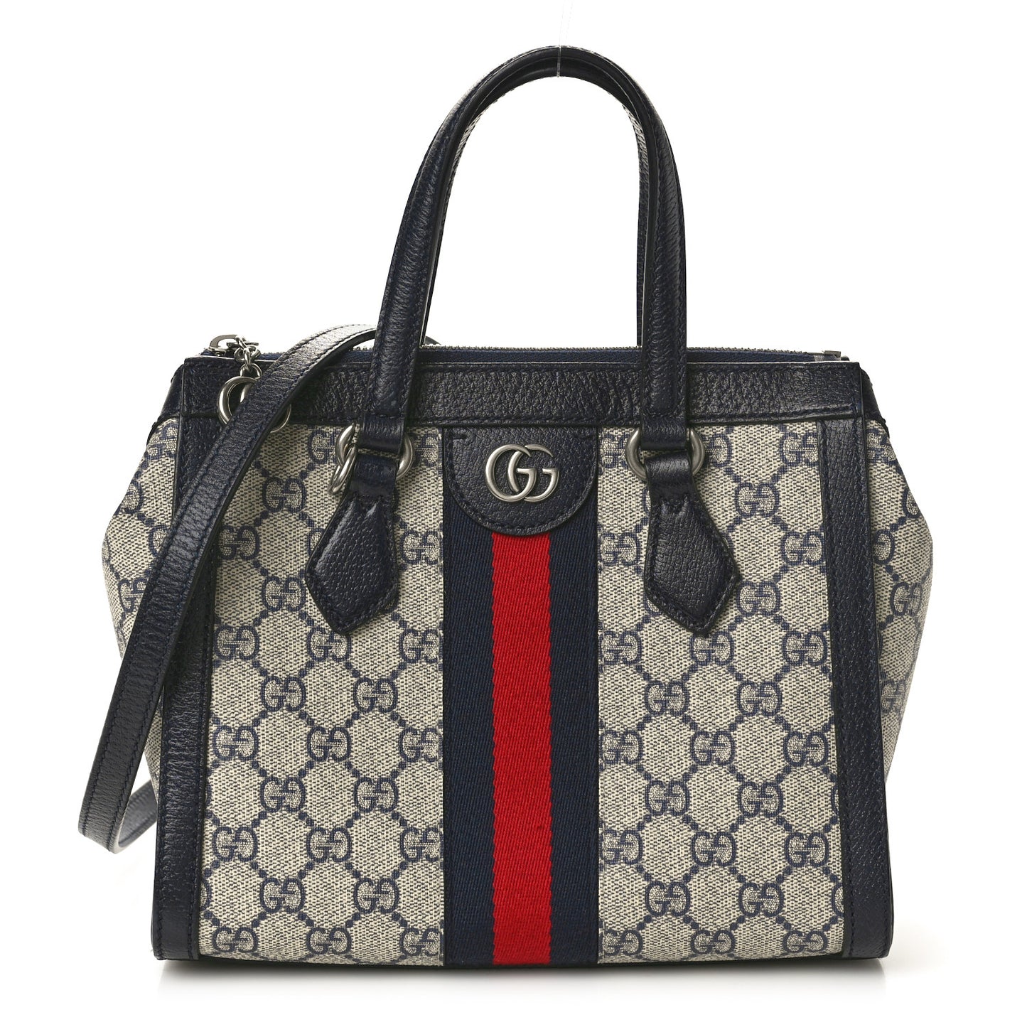 GG Supreme Monogram Textured Dollar Calfskin Web Small Ophidia Tote Bag Beige Blue