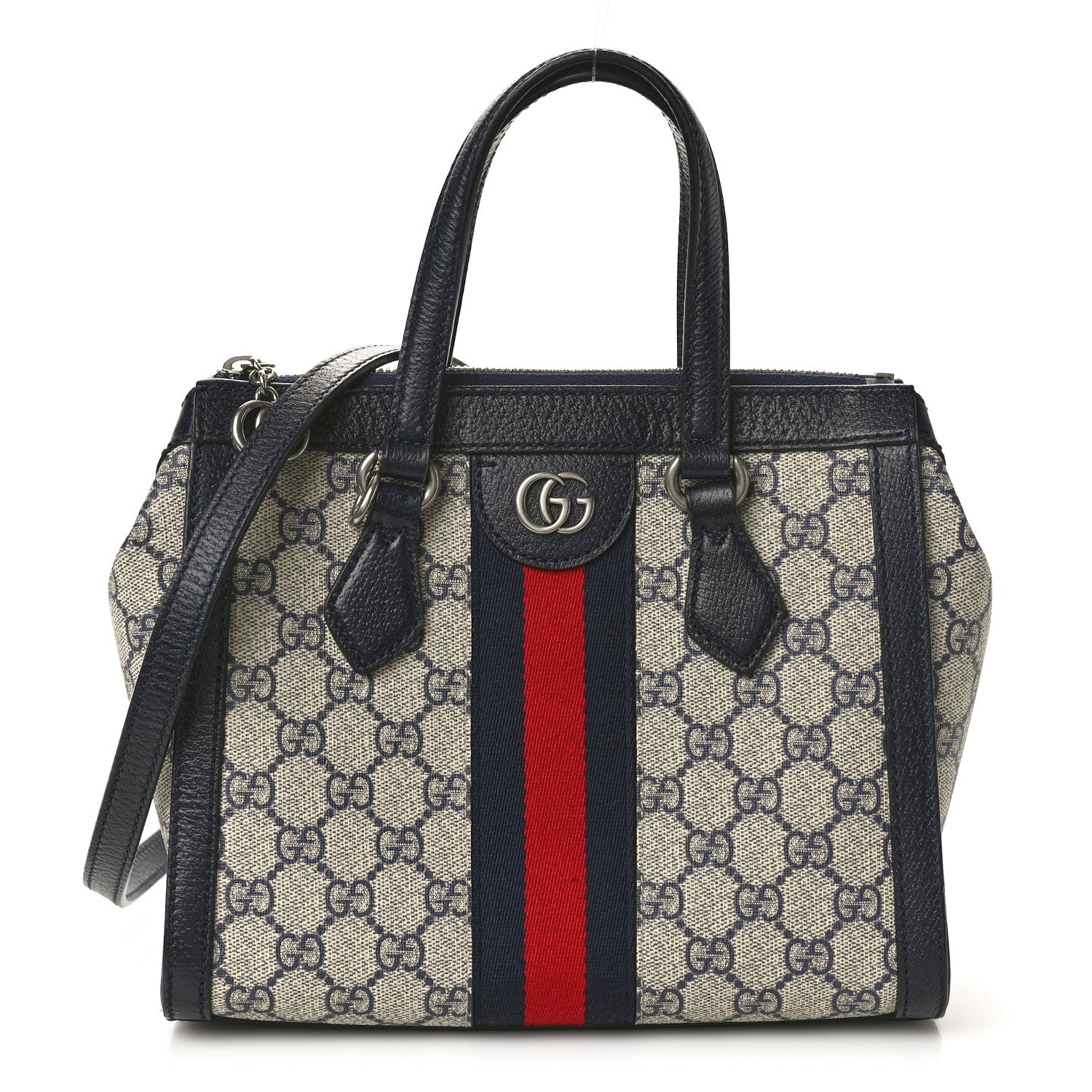 Gucci GG Supreme Monogram Textured Dollar Calfskin Web Small Ophidia Tote Bag Beige Blue 1 of 10