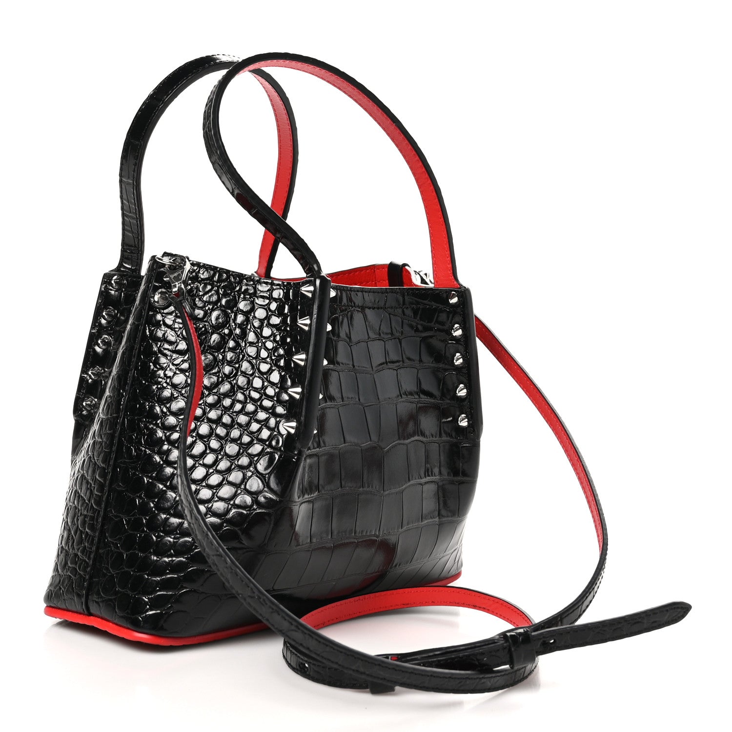 Christian Louboutin Patent Crocodile Embossed Spiked Mini Cabarock Shopper Tote  Black 3 of 8