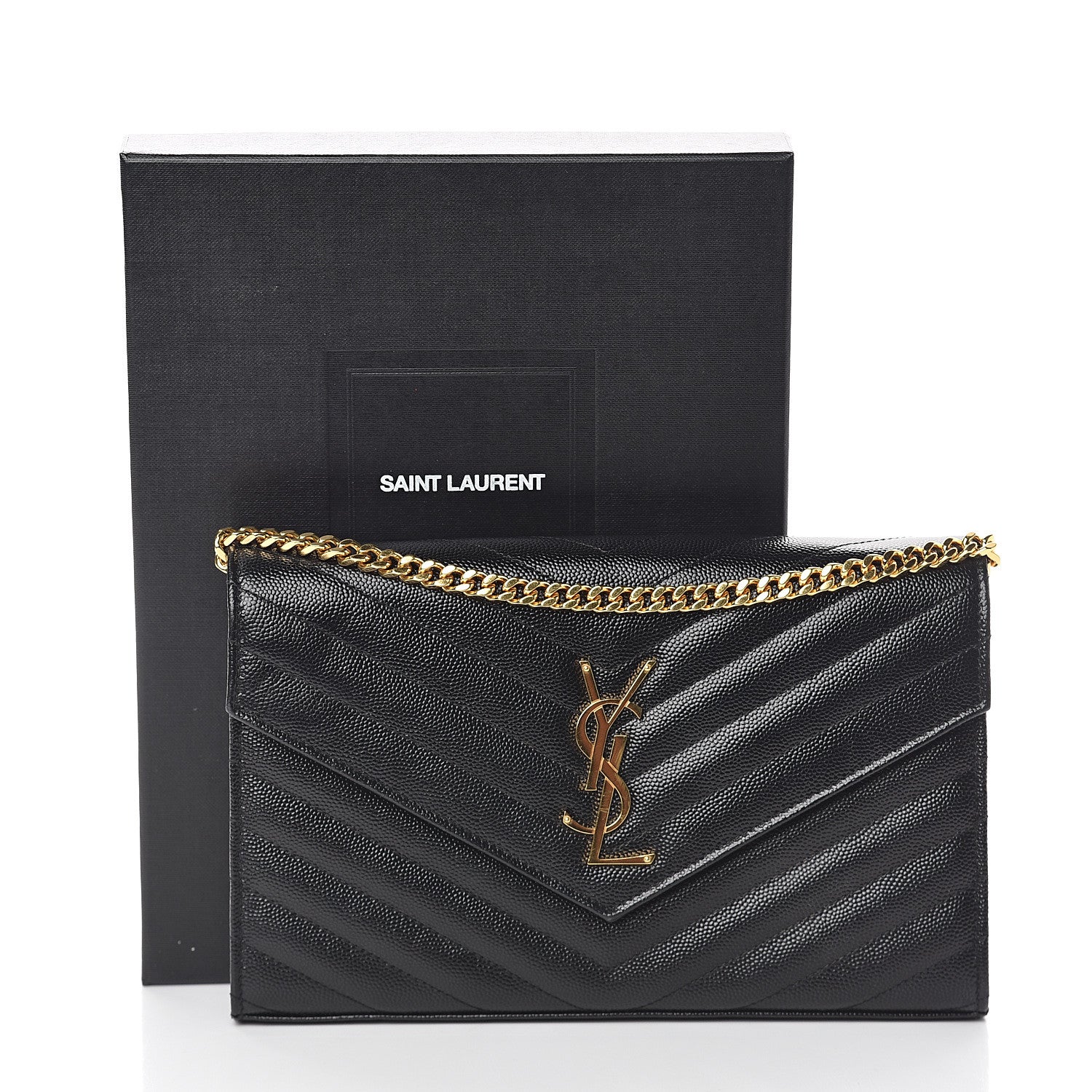 Saint Laurent Grain De Poudre Matelasse Chevron Monogram Chain Wallet Black 6 of 6