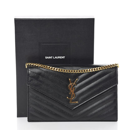 Saint Laurent Grain De Poudre Matelasse Chevron Monogram Chain Wallet Black 6 of 6