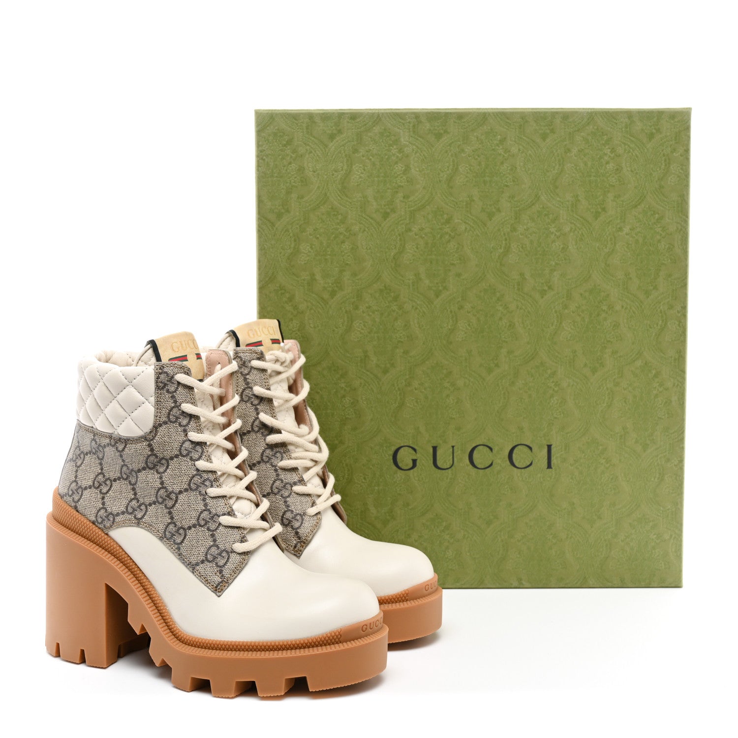 Gucci Calfskin GG Supreme Monogram Nappa Quilted Lace Up Ankle Boots 35.5 Mystic White Beige 9 of 9