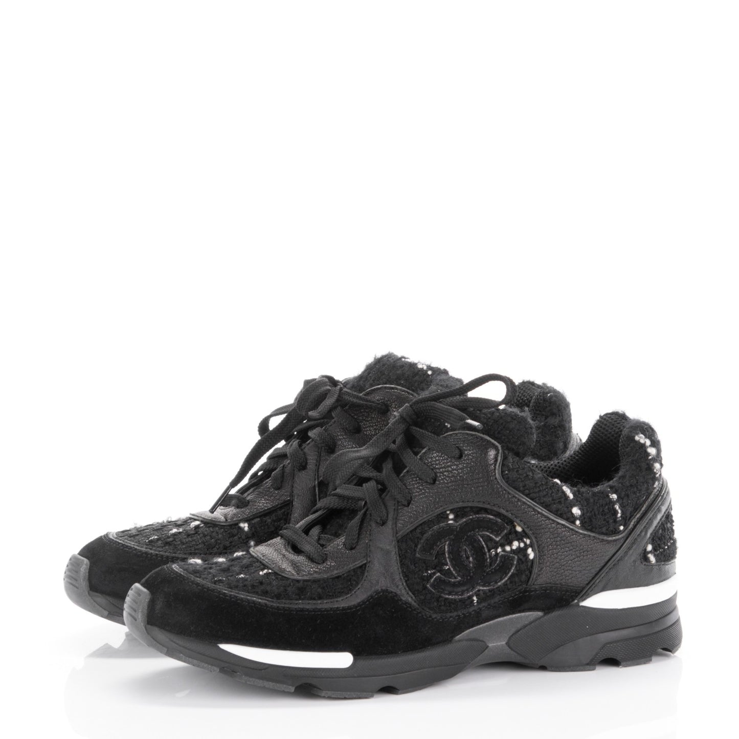 Tweed Suede Goatskin CC Sneakers 38 Black White