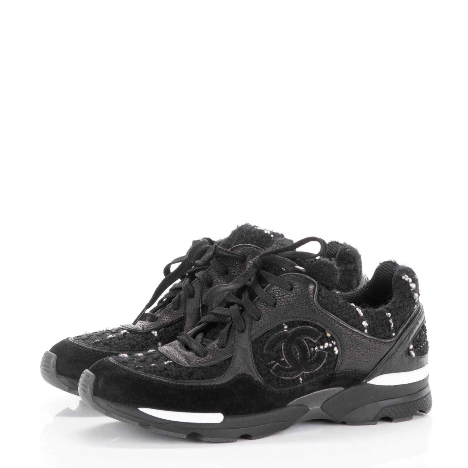 Chanel Tweed Suede Goatskin CC Sneakers 38 Black White 3 of 8