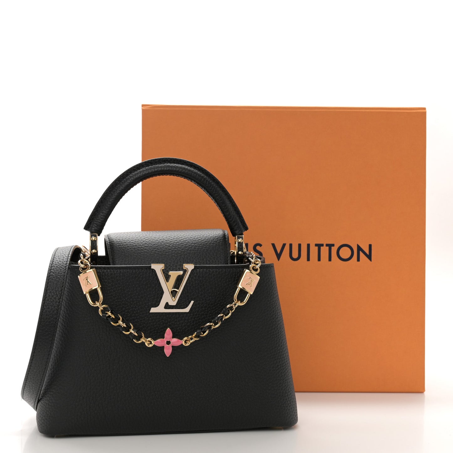 Taurillon Enamel Flower Padlock Chain Capucines BB Black
