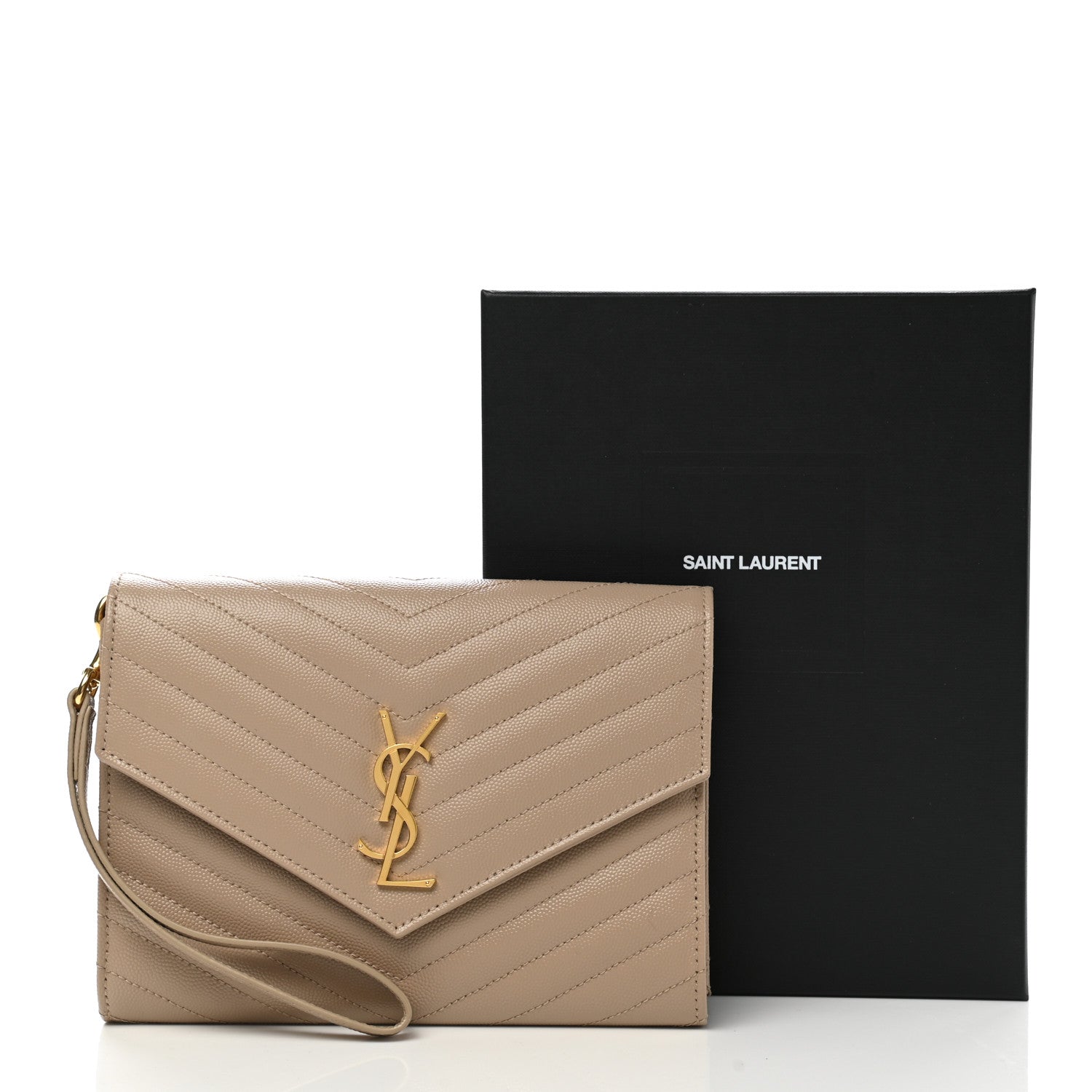 Saint Laurent Grain De Poudre Matelasse Chevron Monogram Envelope Clutch Dark Beige 8 of 8
