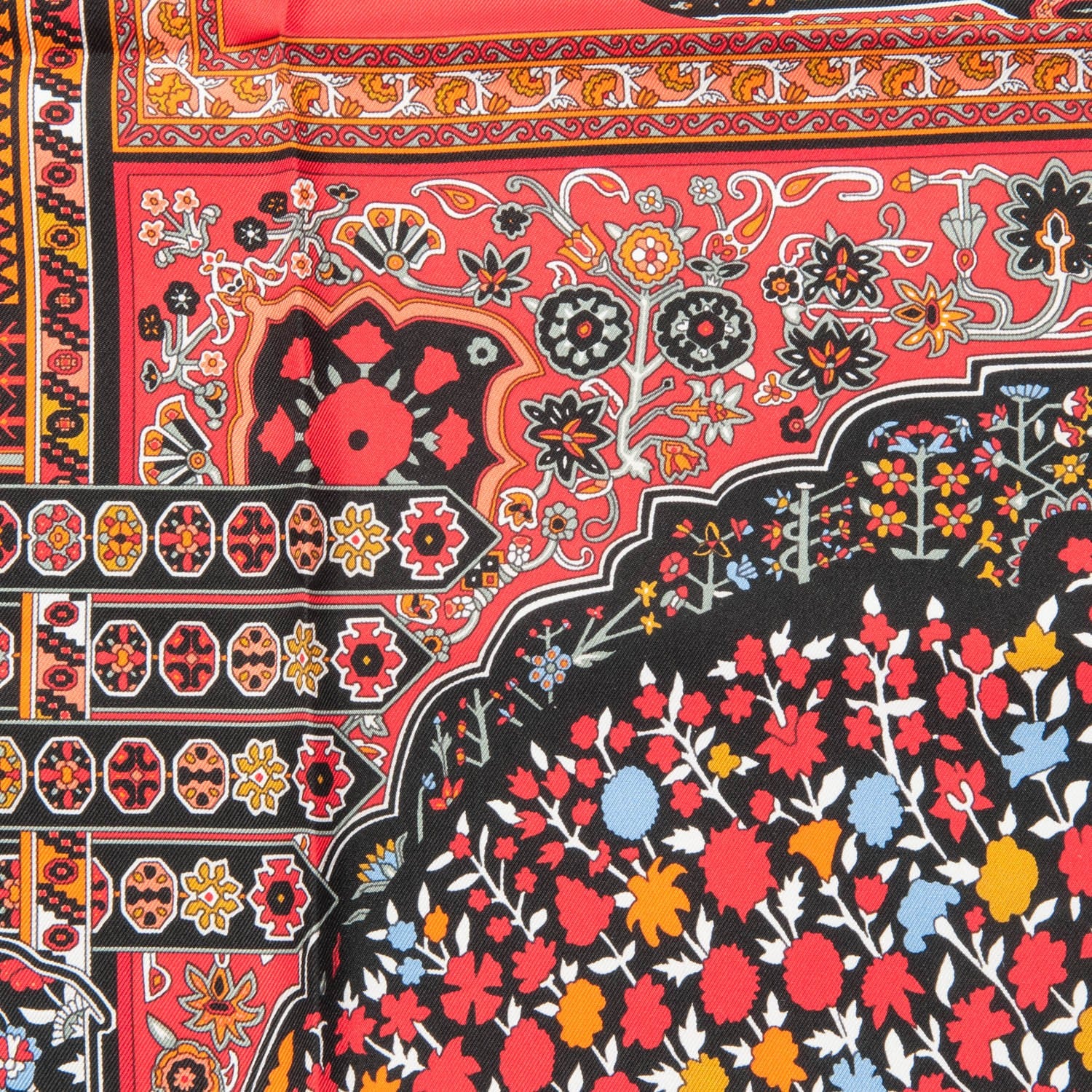 Hermes Silk Gavroche Tapis Persan Zoom Pocket Square Scarf Rouge Orange Black 2 of 7