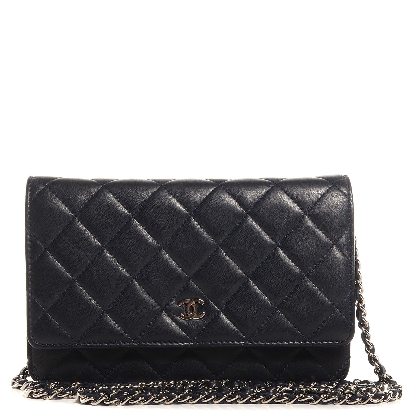 Lambskin Quilted Wallet On Chain WOC Navy Blue