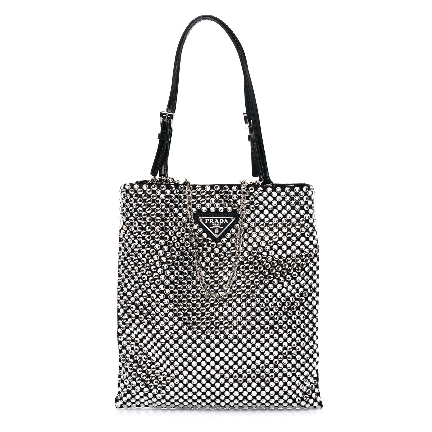 Prada Satin Crystal Metal Triangle Logo Chain Crossbody Handbag Cristal 1 of 8