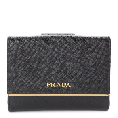 Prada Saffiano Compact Metal Bar Flap Wallet Black 1 of 5
