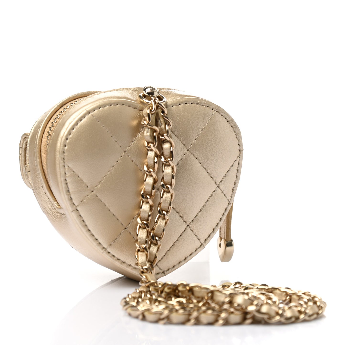 Metallic Lambskin Quilted CC In Love Heart Coin Purse With Chain Gold