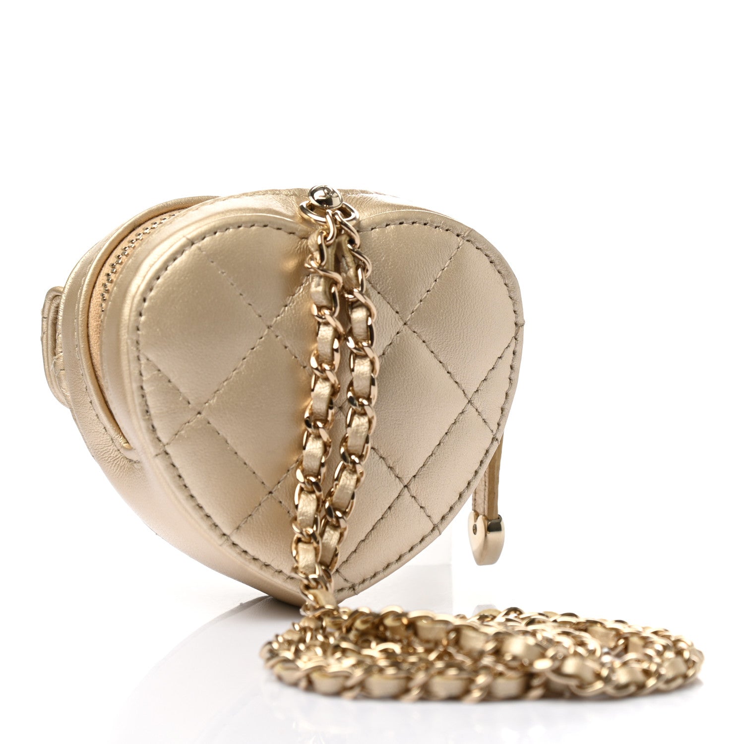 Chanel Metallic Lambskin Quilted CC In Love Heart Coin Purse With Chain Gold 3 of 8