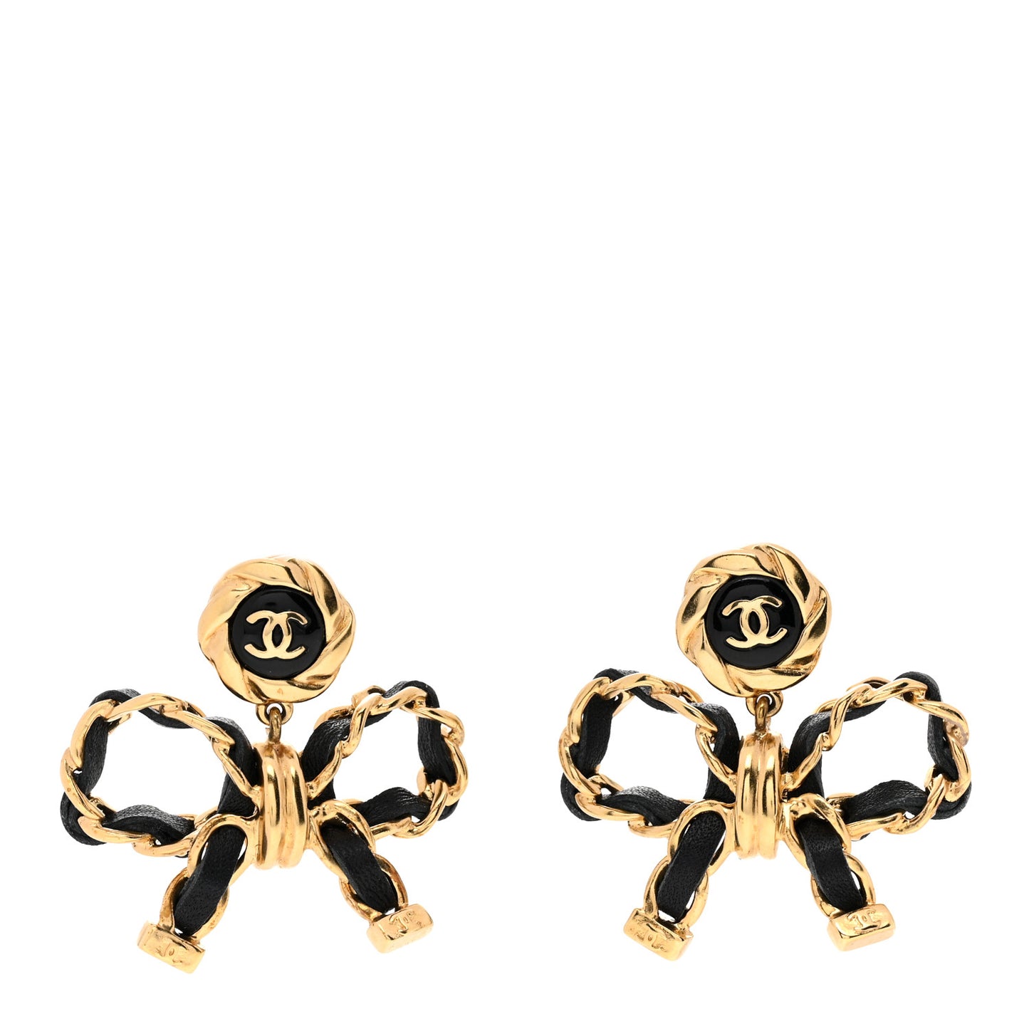 Lambskin Chain Bow Drop Earrings Black Gold