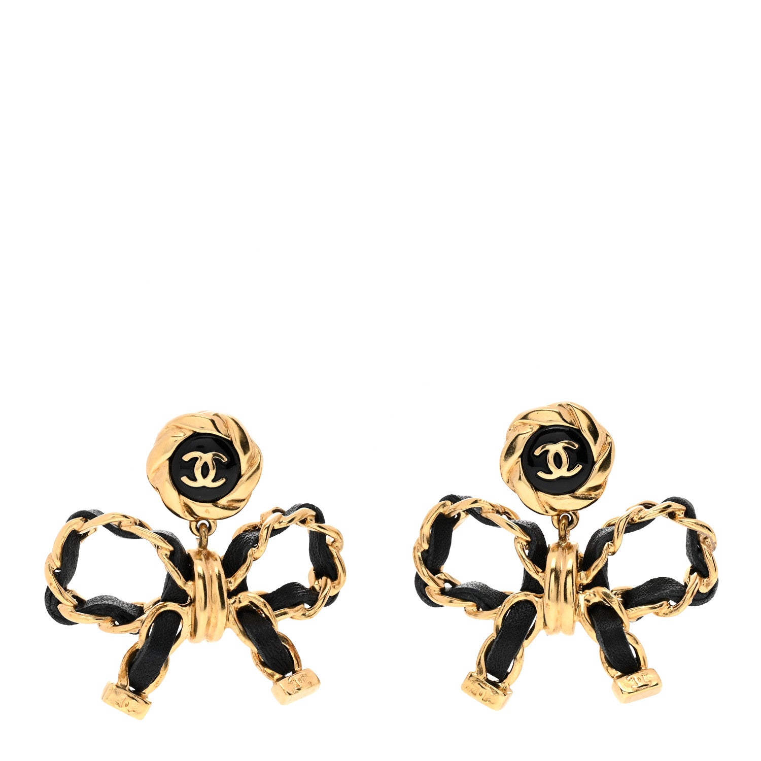 Chanel Lambskin Chain Bow Drop Earrings Black Gold 1 of 4