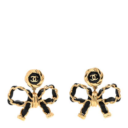 Chanel Lambskin Chain Bow Drop Earrings Black Gold 1 of 4