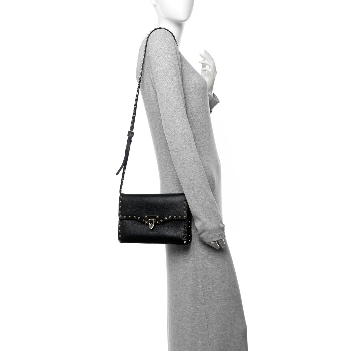 Pebbled Calfskin Medium Rockstud Flip Lock Crossbody Bag Black