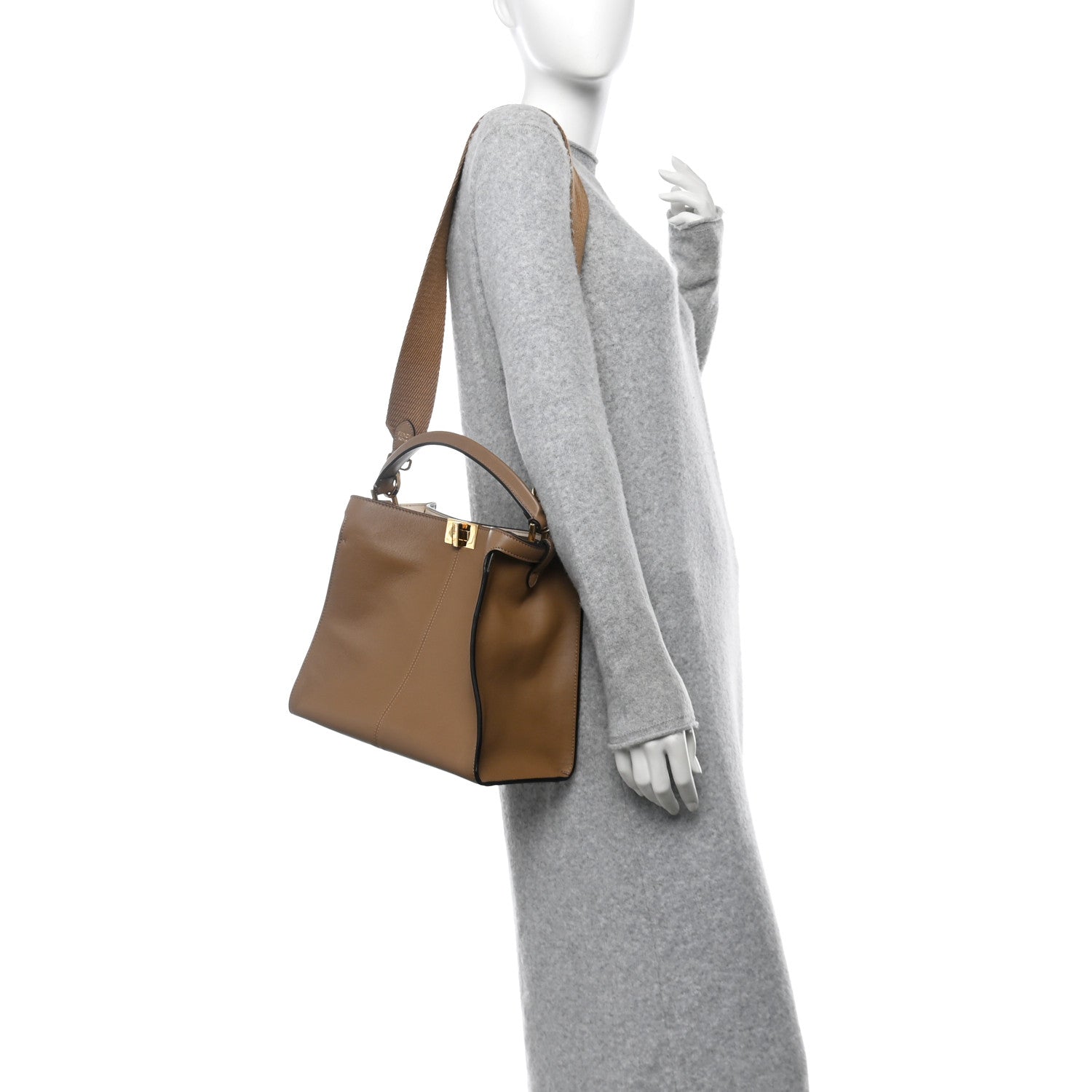 Fendi Vitello Seta Glazed Fabric FF 1974 Medium Peekaboo X-Lite Sand Mogano Panna 2 of 11