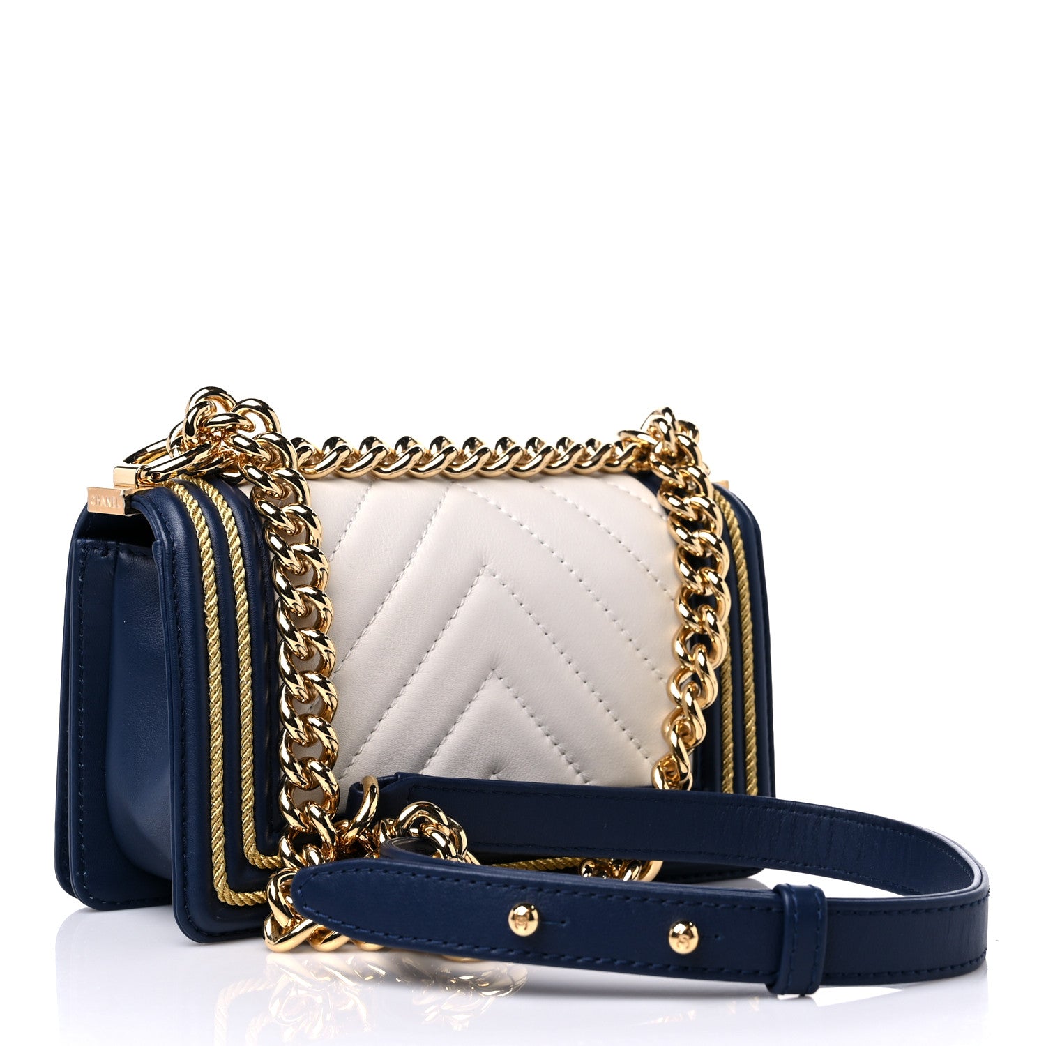 Chanel Calfskin Chevron Quilted Braided Small Boy Flap White Navy 3 of 11