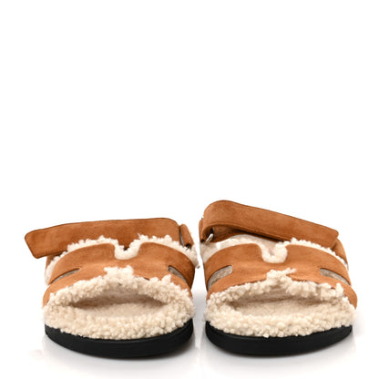 Hermes Suede Goatskin Woolskin Womens Chypre Sandals 36 Brun Fume Ecru 2 of 7