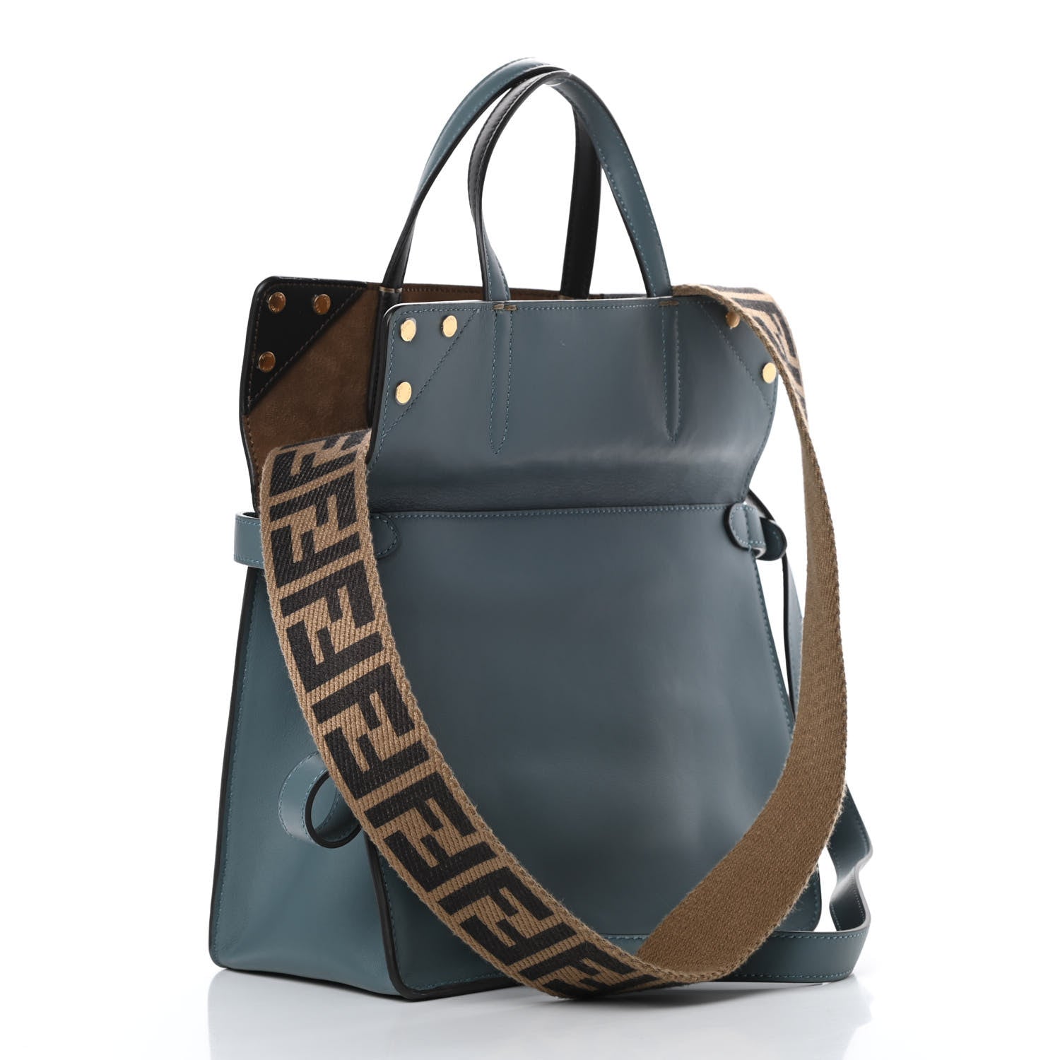 Fendi Vitello Grace Suede Small Flip Tote Azzurro Merlino Marrone Black 6 of 13