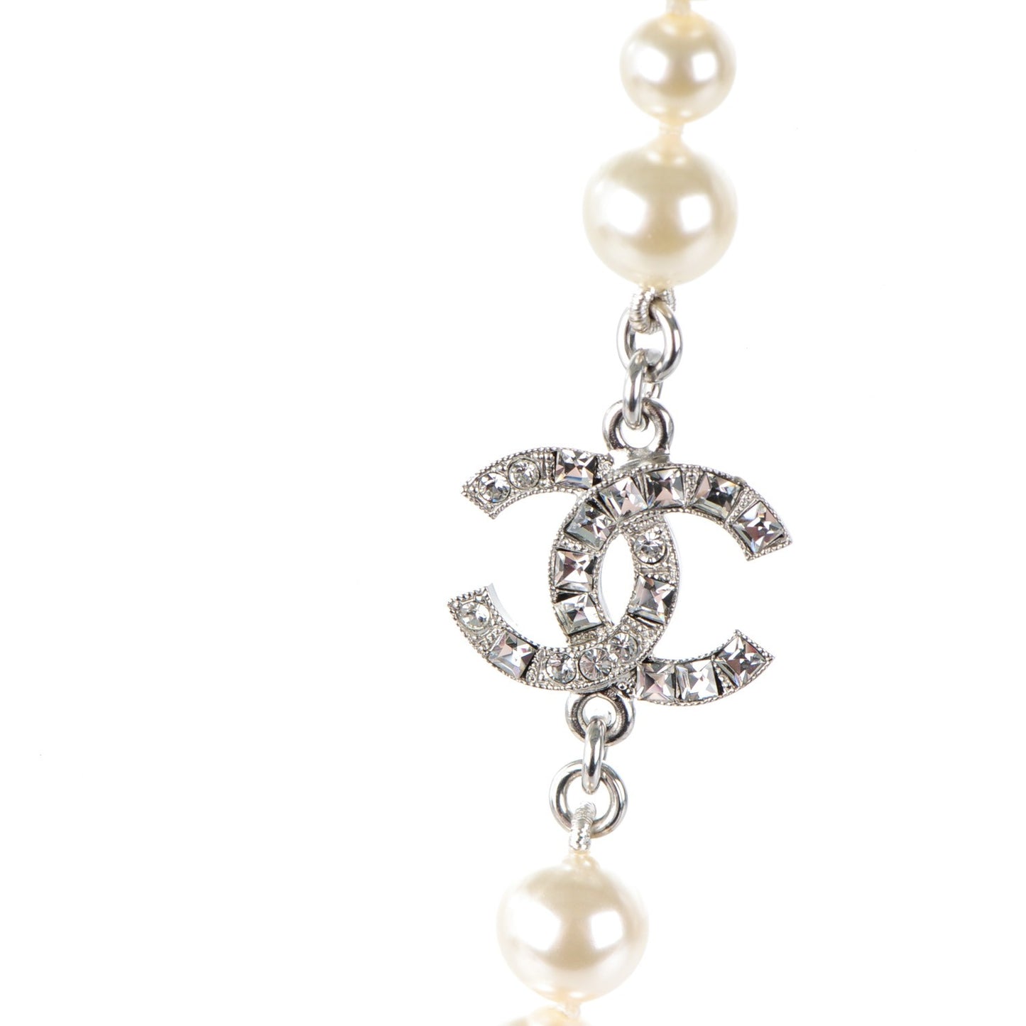 Crystal Baguette Pearl CC Short Necklace Silver