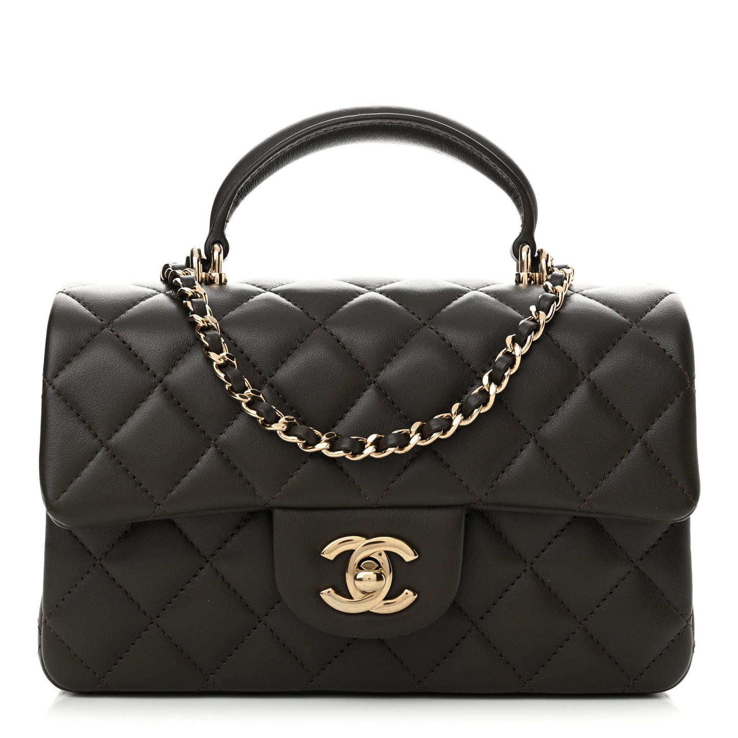Lambskin Quilted Mini Top Handle Rectangular Flap Dark Brown