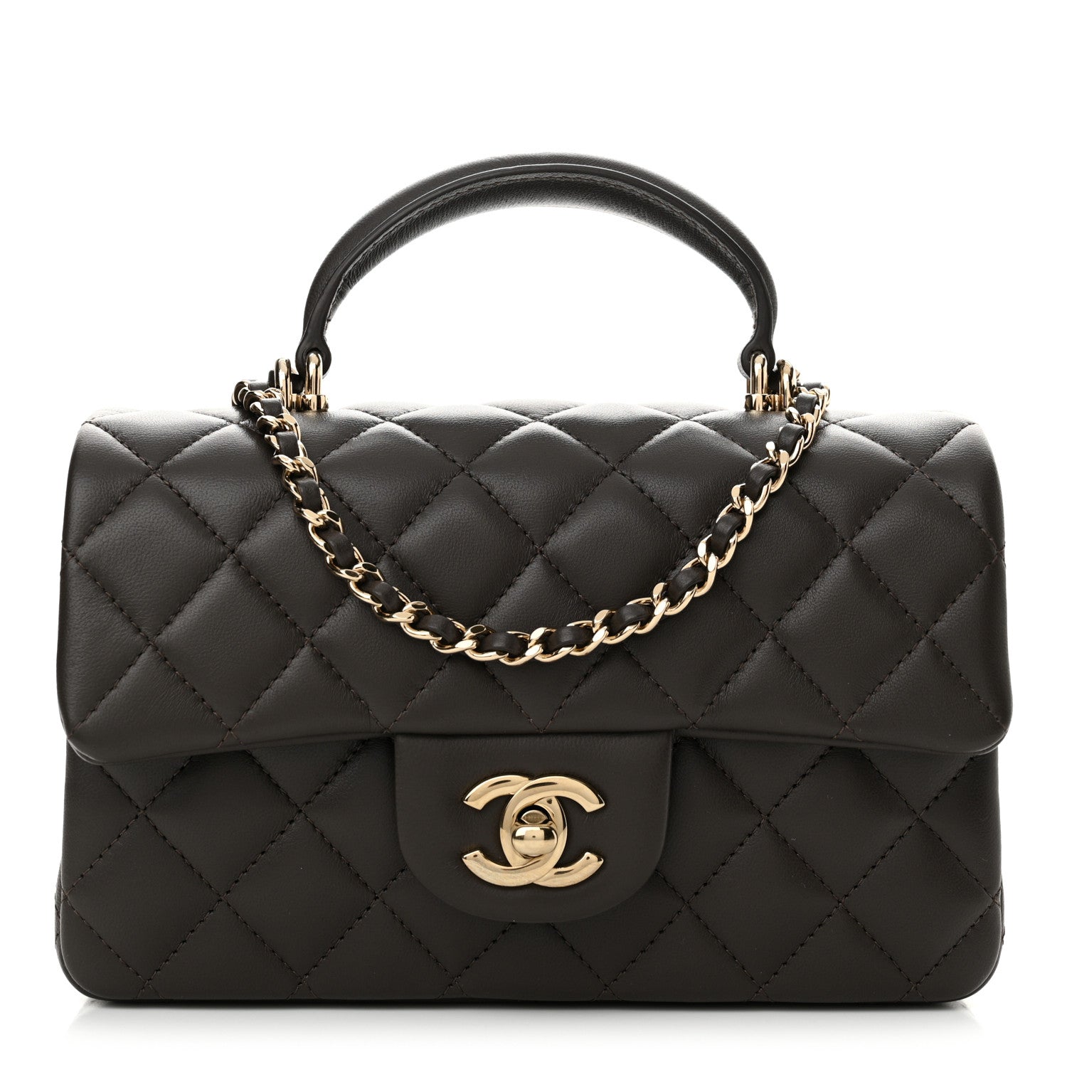 Chanel Lambskin Quilted Mini Top Handle Rectangular Flap Dark Brown 1 of 12
