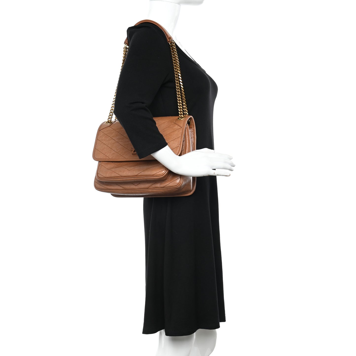 Crinkled Calfskin Matelasse Monogram Medium Niki Chain Satchel Light Caramel