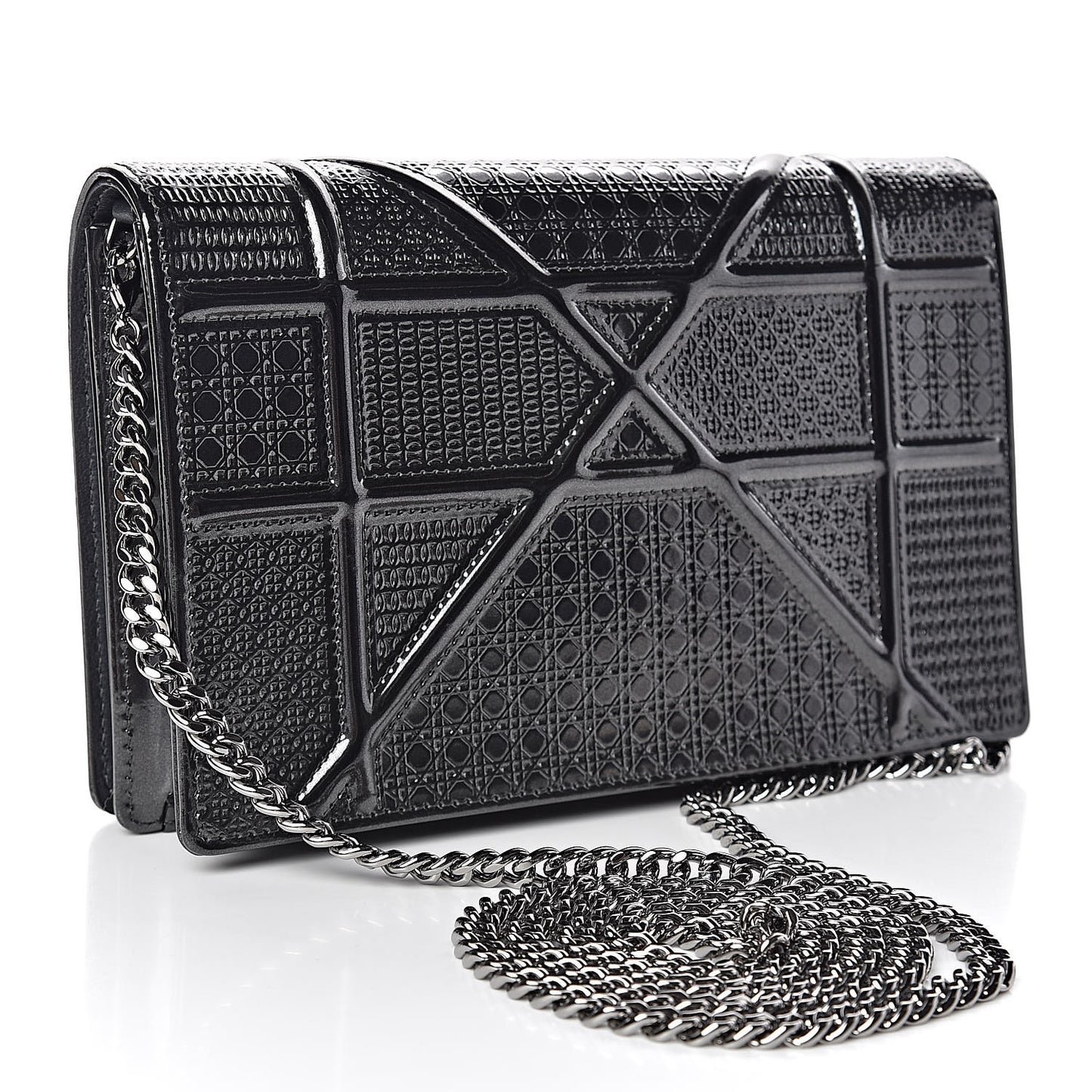 Metallic Patent Micro-Cannage Diorama Wallet on Chain Pouch Black