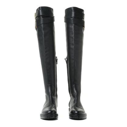 Valentino Garavani Calfskin Knee High Buckle Boots 37.5 Black 4 of 19