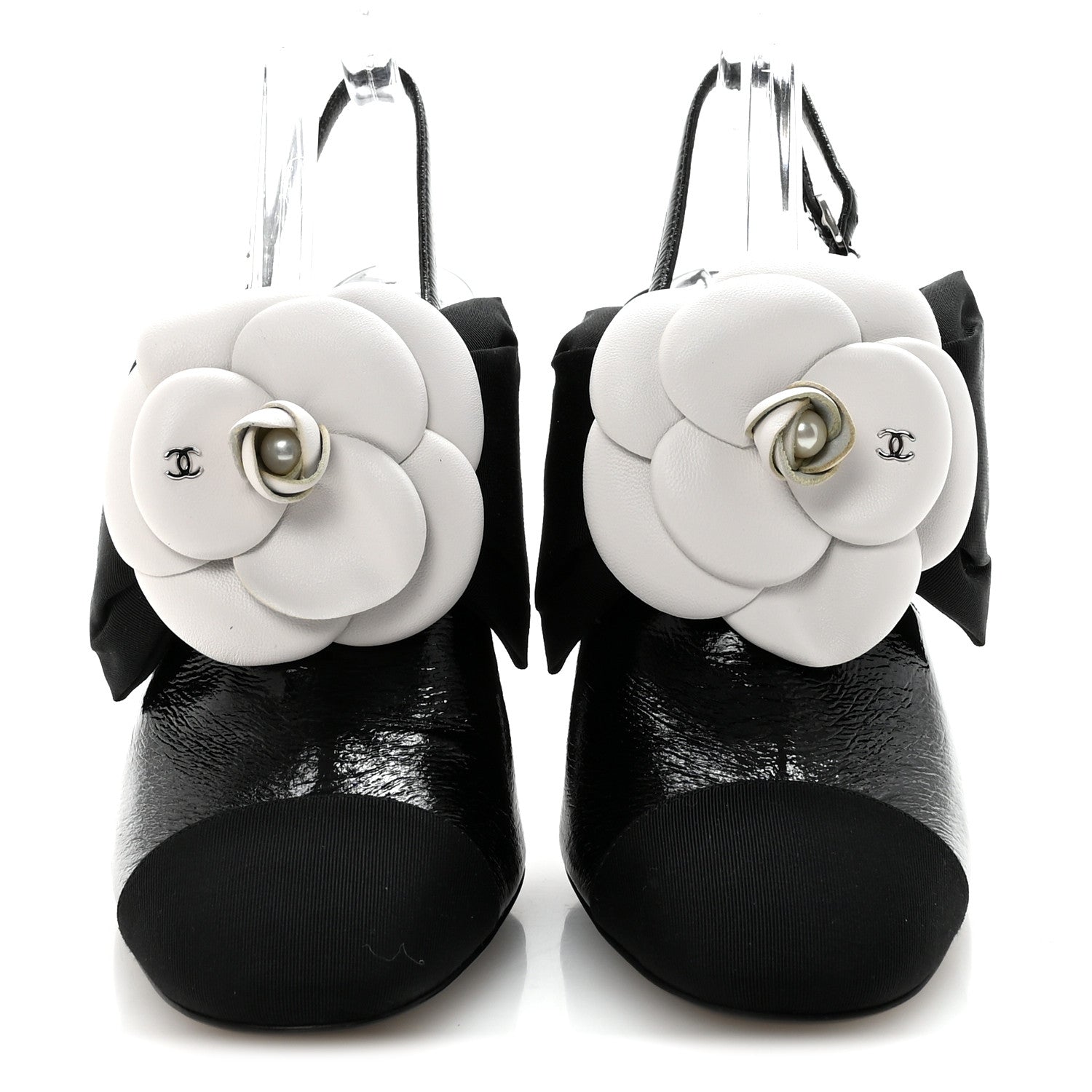 Chanel Crumpled Shiny Fabric Grosgrain Cap Toe Camellia Bow Slingback Pumps 39 Black 6 of 18