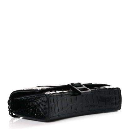 Balenciaga Shiny Calfskin Monochrome Crocodile Embossed Hourglass Chain Bag Black 4 of 10