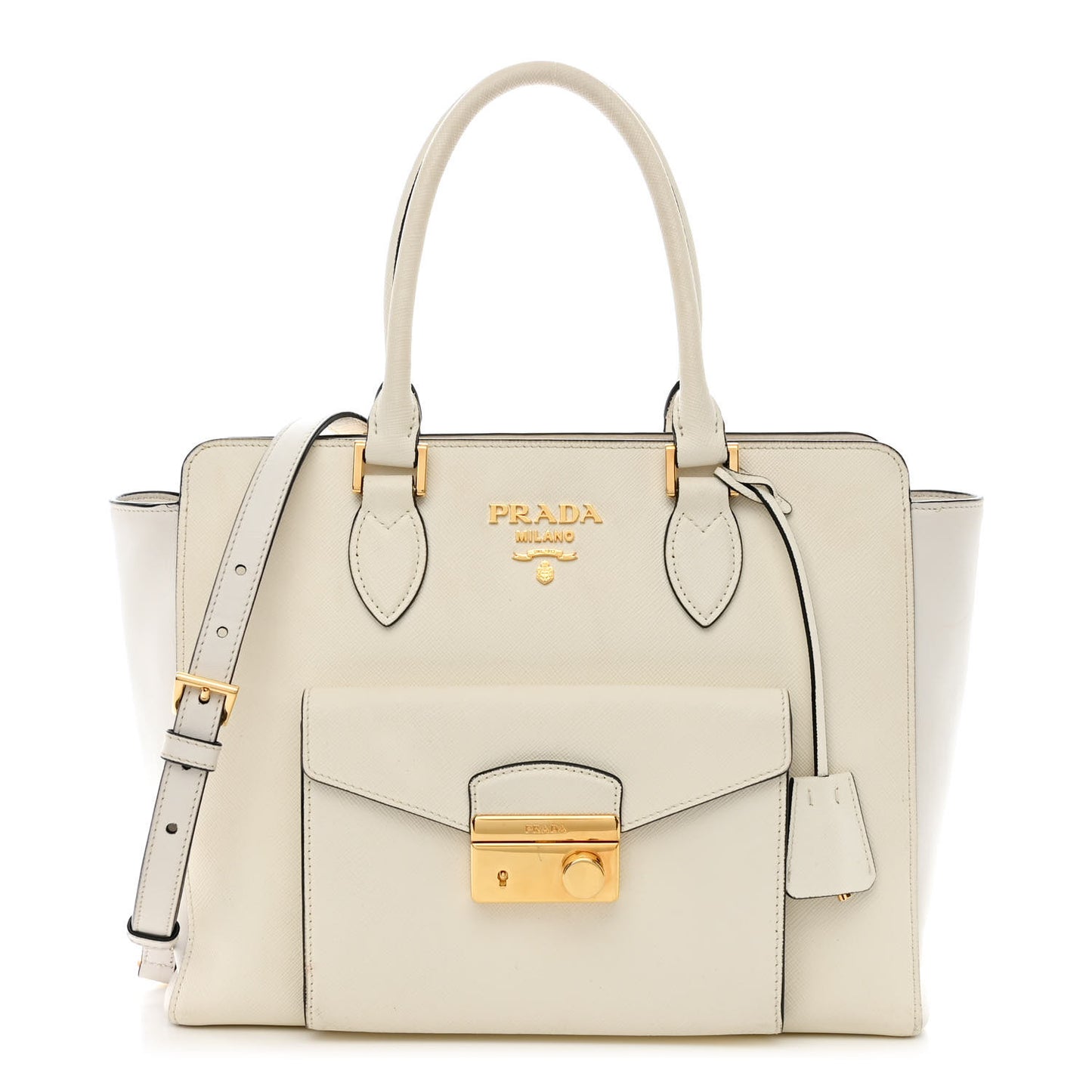 Saffiano Soft Calfskin Front Pocket Zippered Tote White