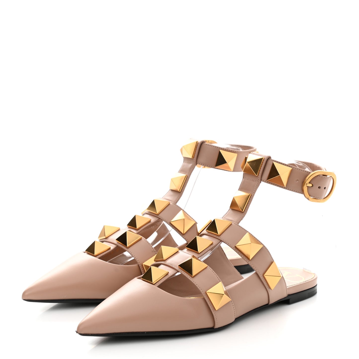 Calfskin Roman Stud Ankle Strap Flat Mules 36 Rose Cannelle