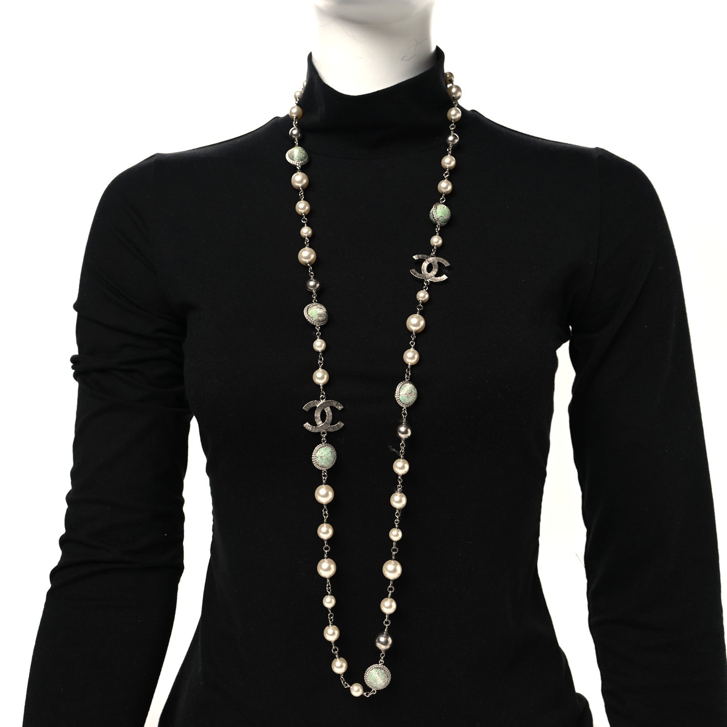 Pearl Beaded CC Long Necklace Silver Green