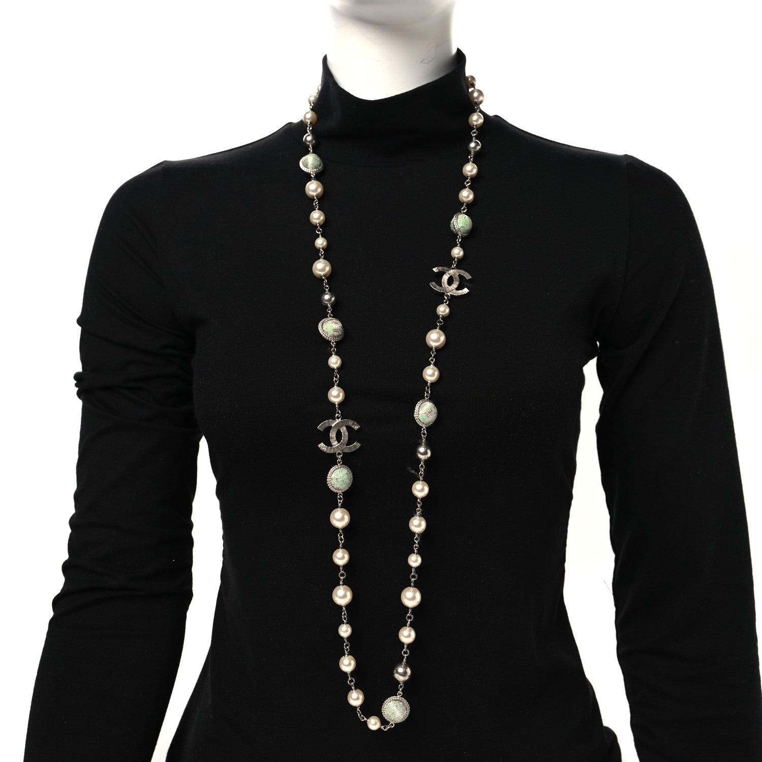 Chanel Pearl Beaded CC Long Necklace Silver Green 2 of 4