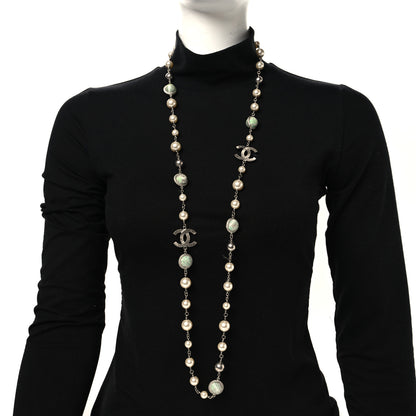 Chanel Pearl Beaded CC Long Necklace Silver Green 2 of 4
