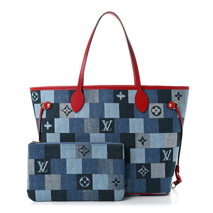 Louis Vuitton Denim Damier Monogram Patchwork Neverfull Blue Rouge 2 of 11