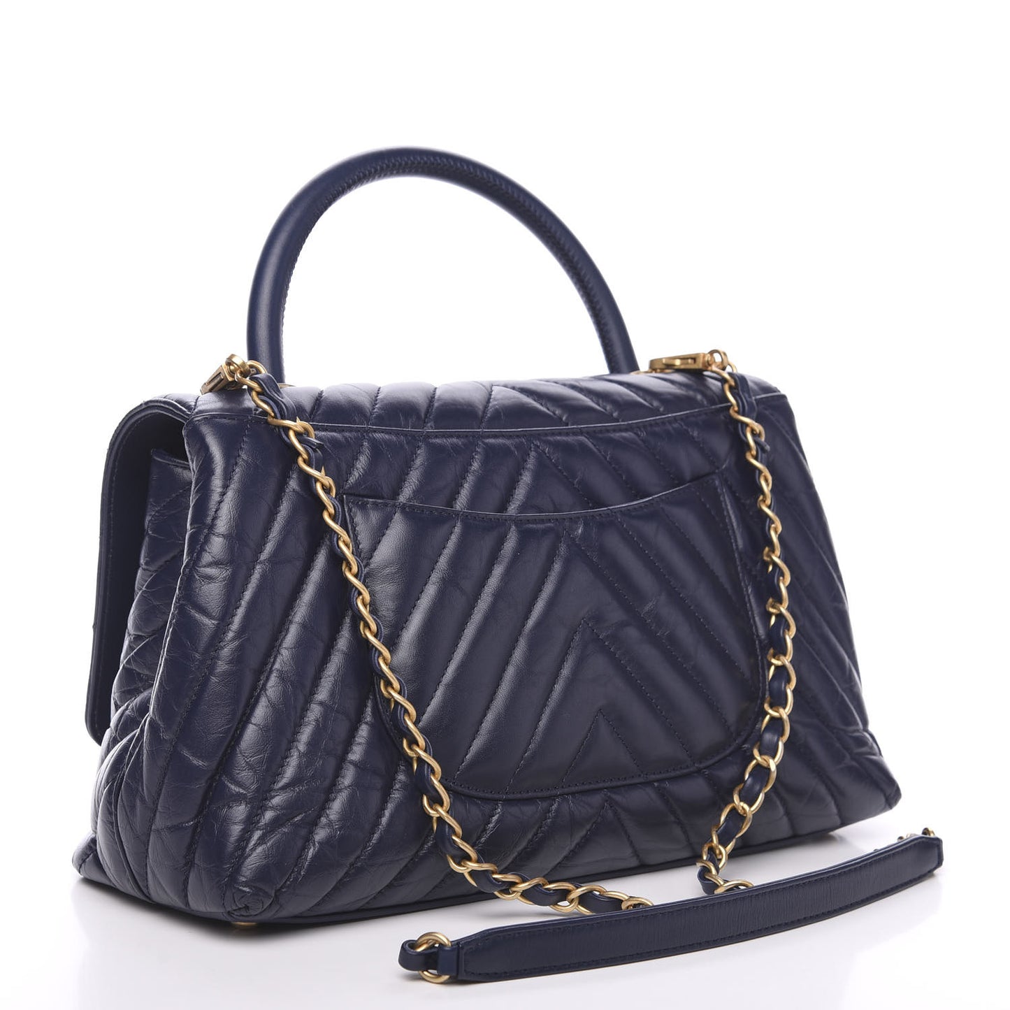 Aged Calfskin Chevron Quilted Small Coco Handle Flap Navy