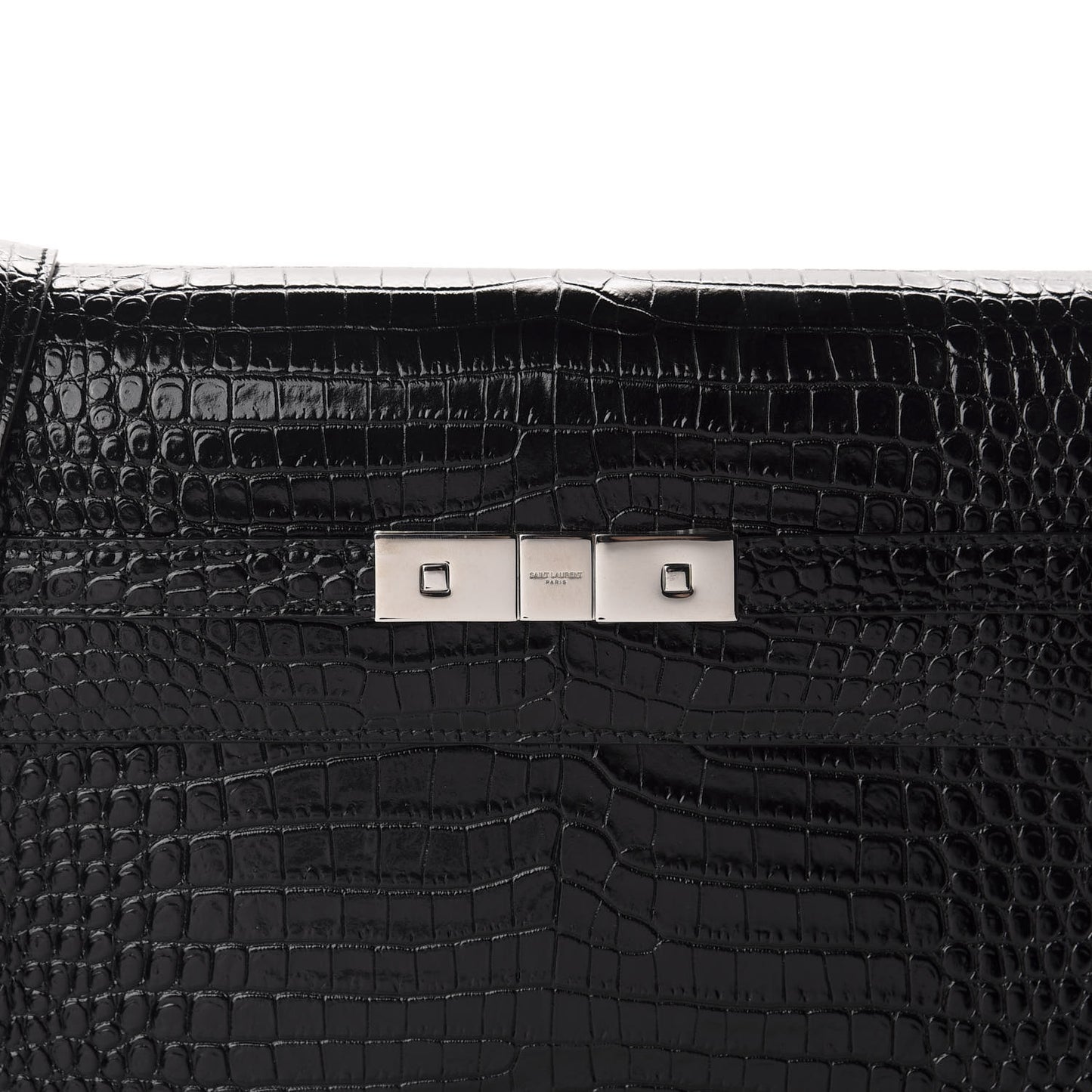 Shiny Calfskin Crocodile Embossed Manhattan Baguette Black