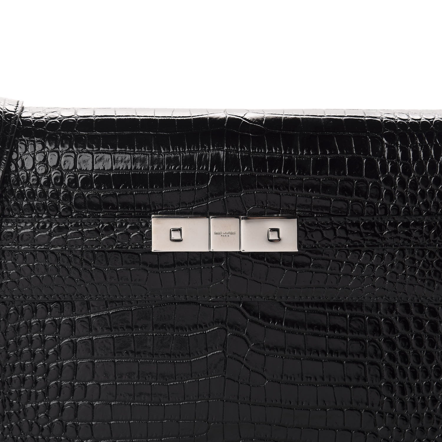 Saint Laurent Shiny Calfskin Crocodile Embossed Manhattan Baguette Black 10 of 10