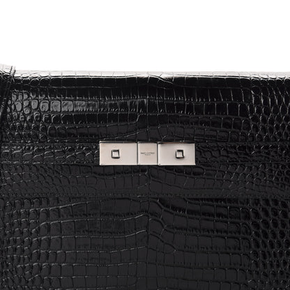 Saint Laurent Shiny Calfskin Crocodile Embossed Manhattan Baguette Black 10 of 10