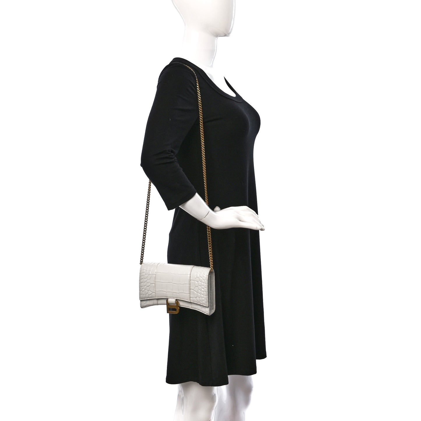 Shiny Calfskin Crocodile Embossed Hourglass Chain Bag White