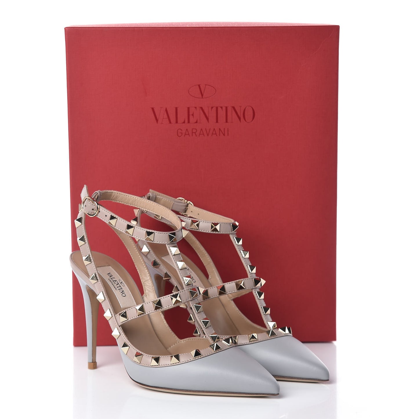Calfskin Nappa Rockstud Ankle Strap 100mm Pumps 36 Pastel Grey Poudre