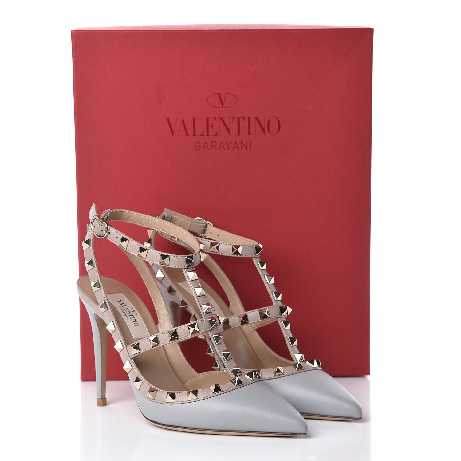 Valentino Garavani Calfskin Nappa Rockstud Ankle Strap 100mm Pumps 36 Pastel Grey Poudre 10 of 10