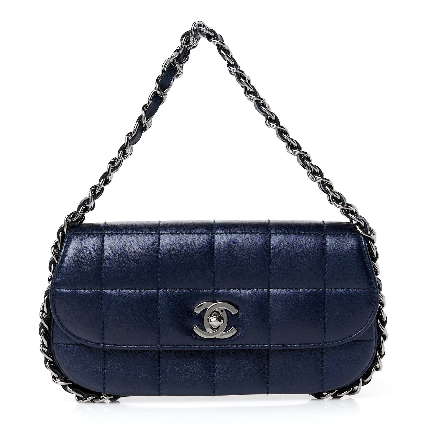 Lambskin Chocolate Bar Quilted 3 Chain Flap Navy Blue